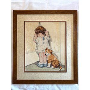 Vintage Hand-Stitched Needlepoint Art Of Boy & Dog Wood Frame Nursery Wall Art